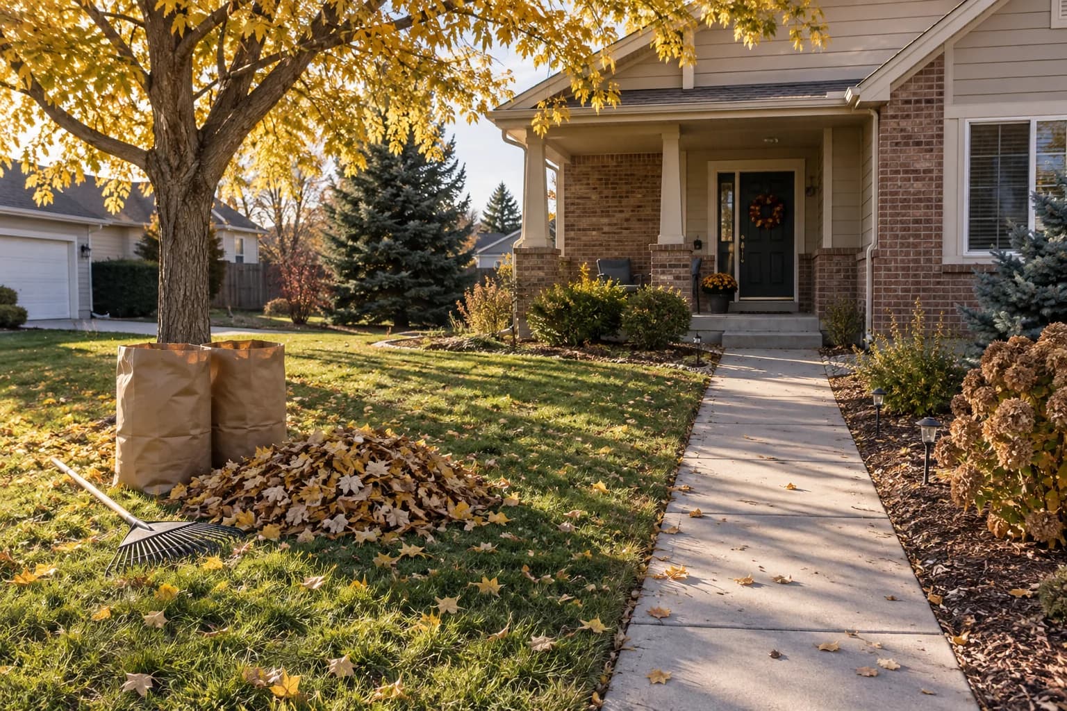 Gathered leaves beside an entry path and autumn yard