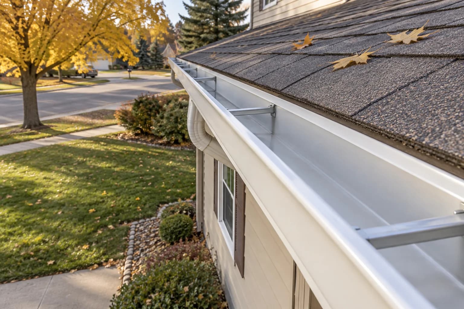 An open gutter clear of leaves along a house roof