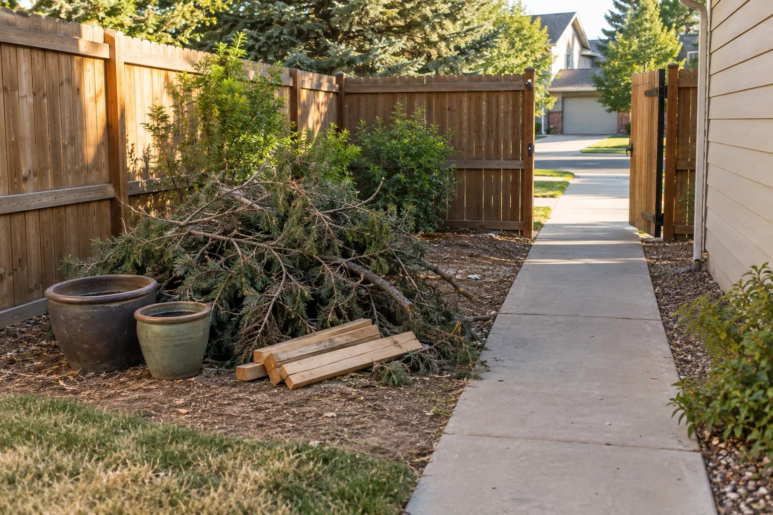 Branches and unwanted items beside a path through a fence