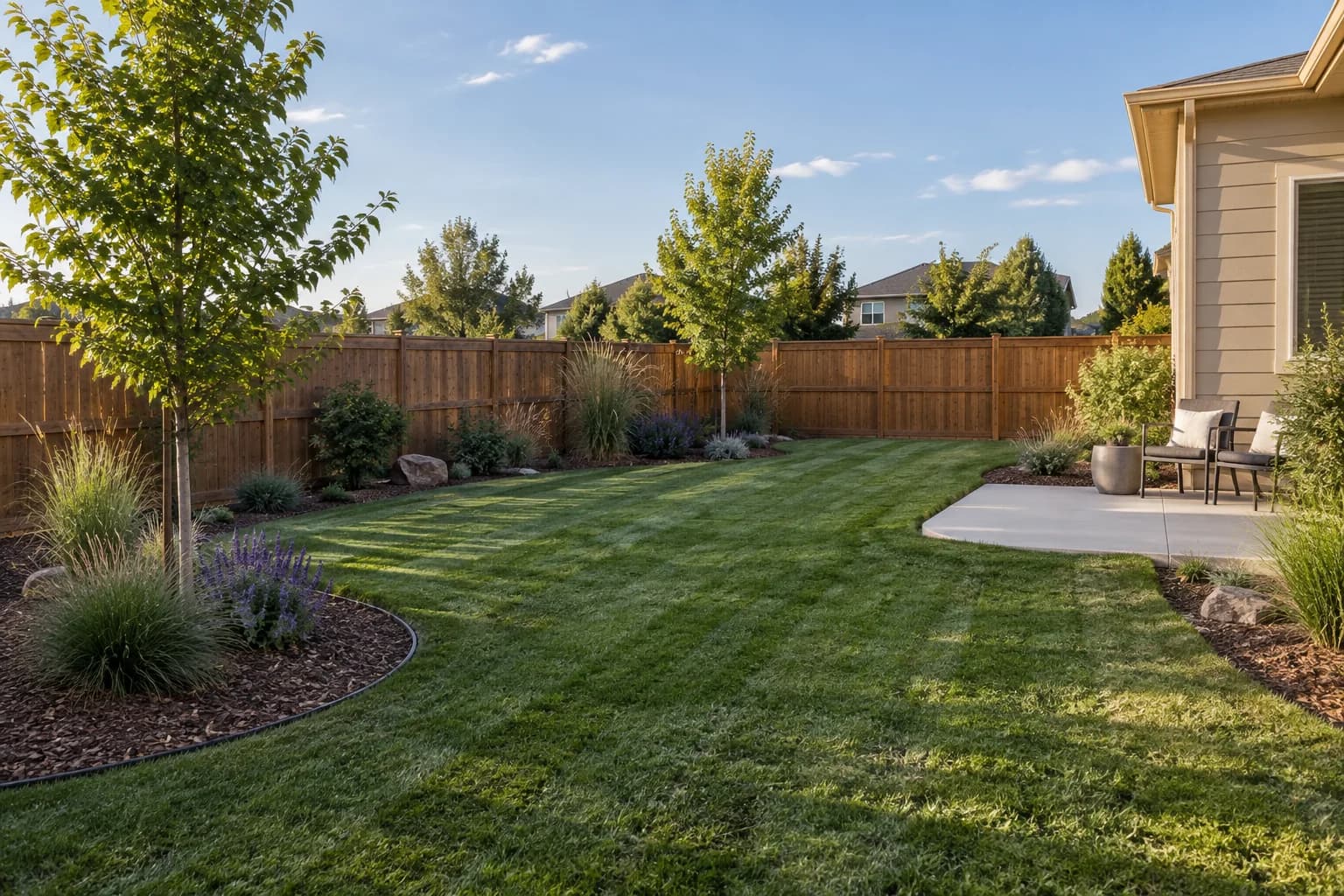 A residential backyard with a cared-for lawn, planting beds, and a place to sit