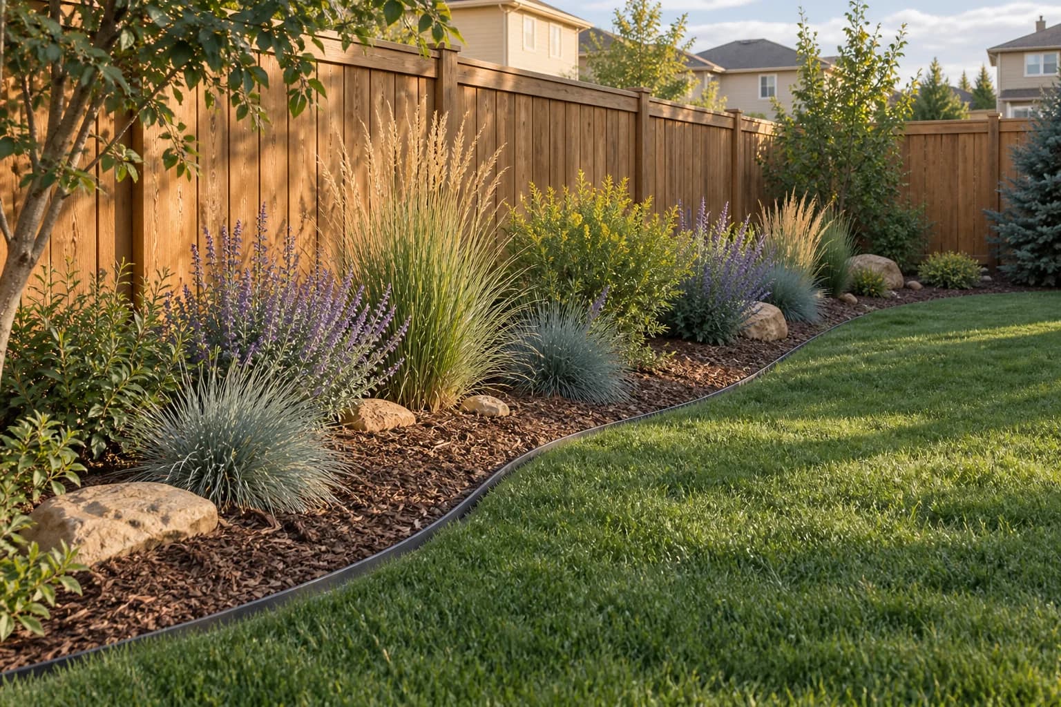 A curved lawn edge beside planting, wood mulch, and a cedar fence