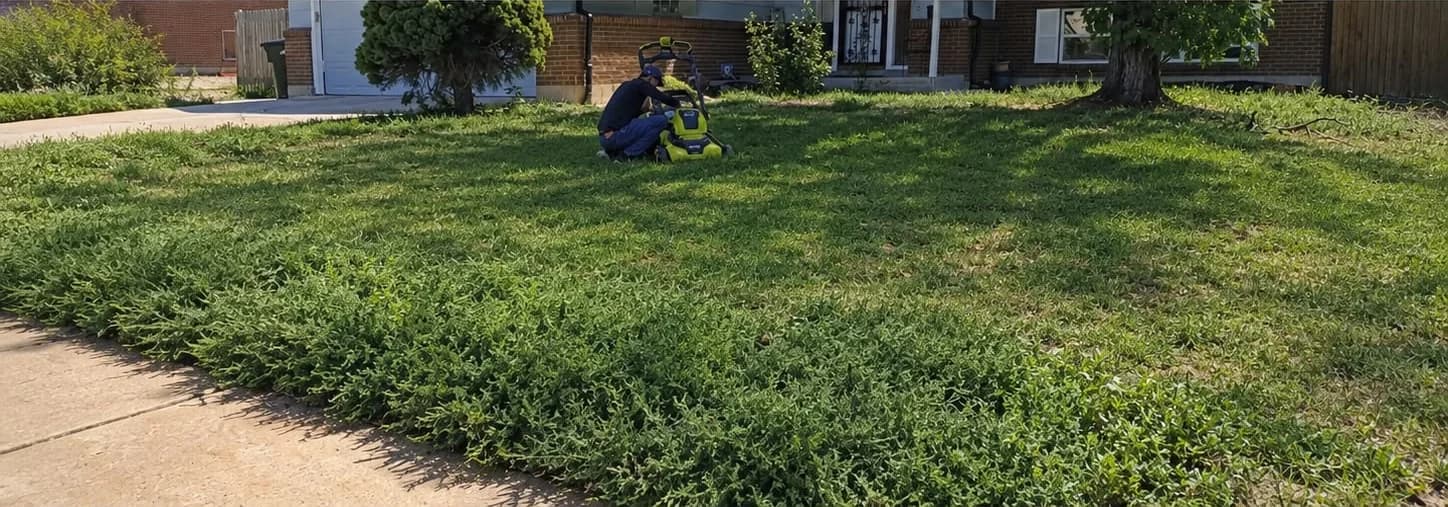 Dimas kneeling beside a push mower on a front lawn